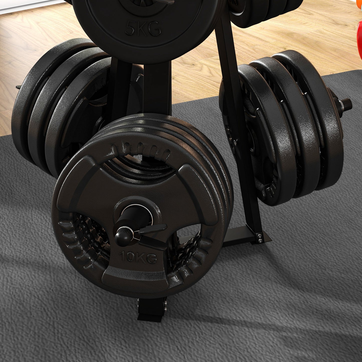 Weight Tree Rack: for 5cm Weight Plates and Barbell Bar with 6 Fasten Clamps, 300kg Capacity