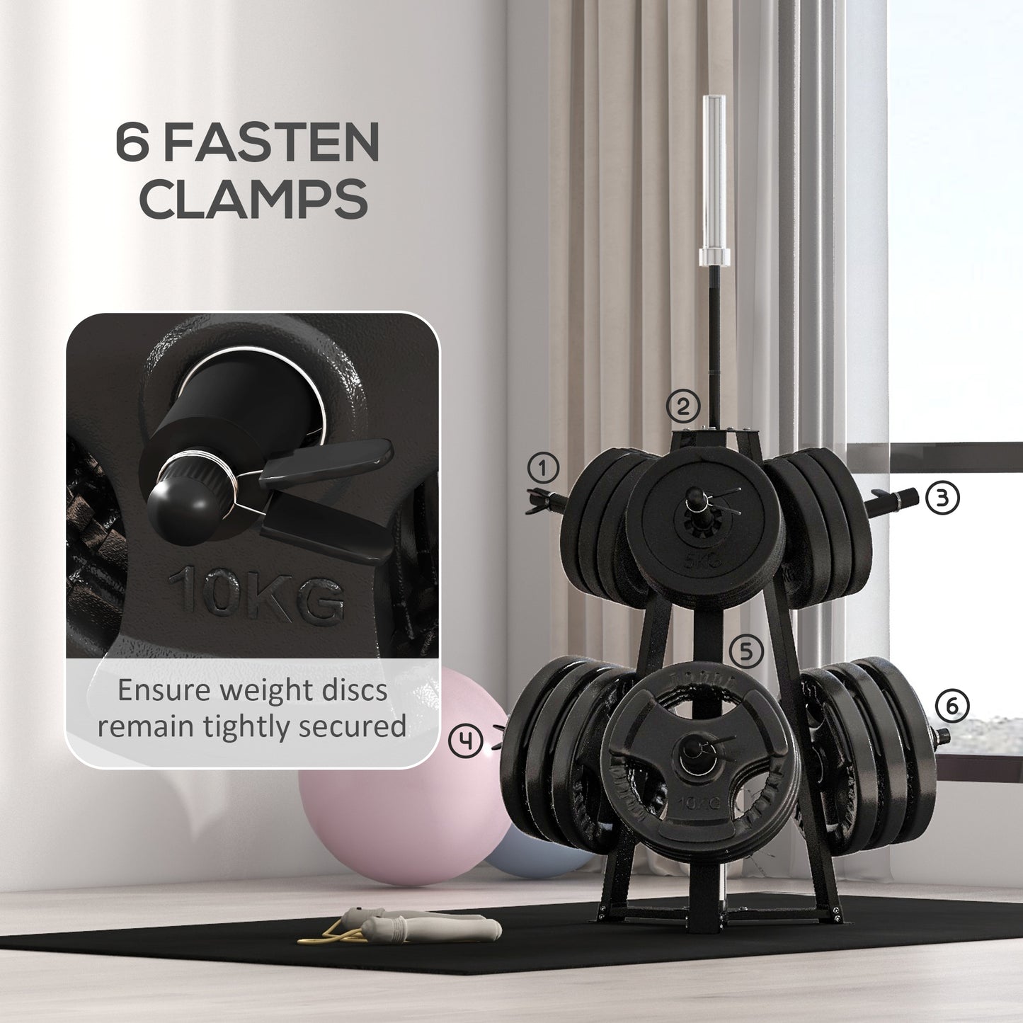 Weight Tree Rack: for 5cm Weight Plates and Barbell Bar with 6 Fasten Clamps, 300kg Capacity