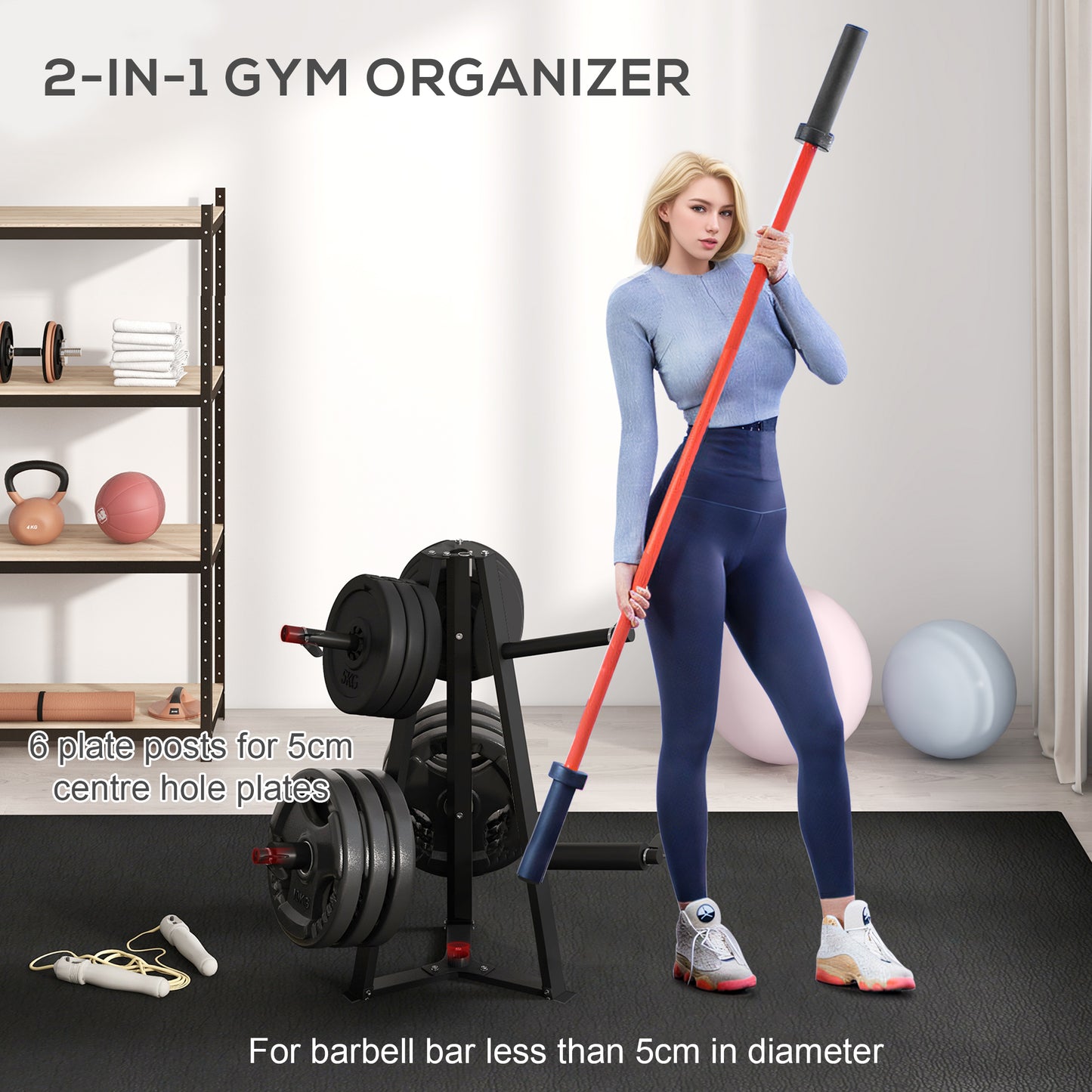 Weight Tree Rack: for 5cm Weight Plates and Barbell Bar with 6 Fasten Clamps, 300kg Capacity