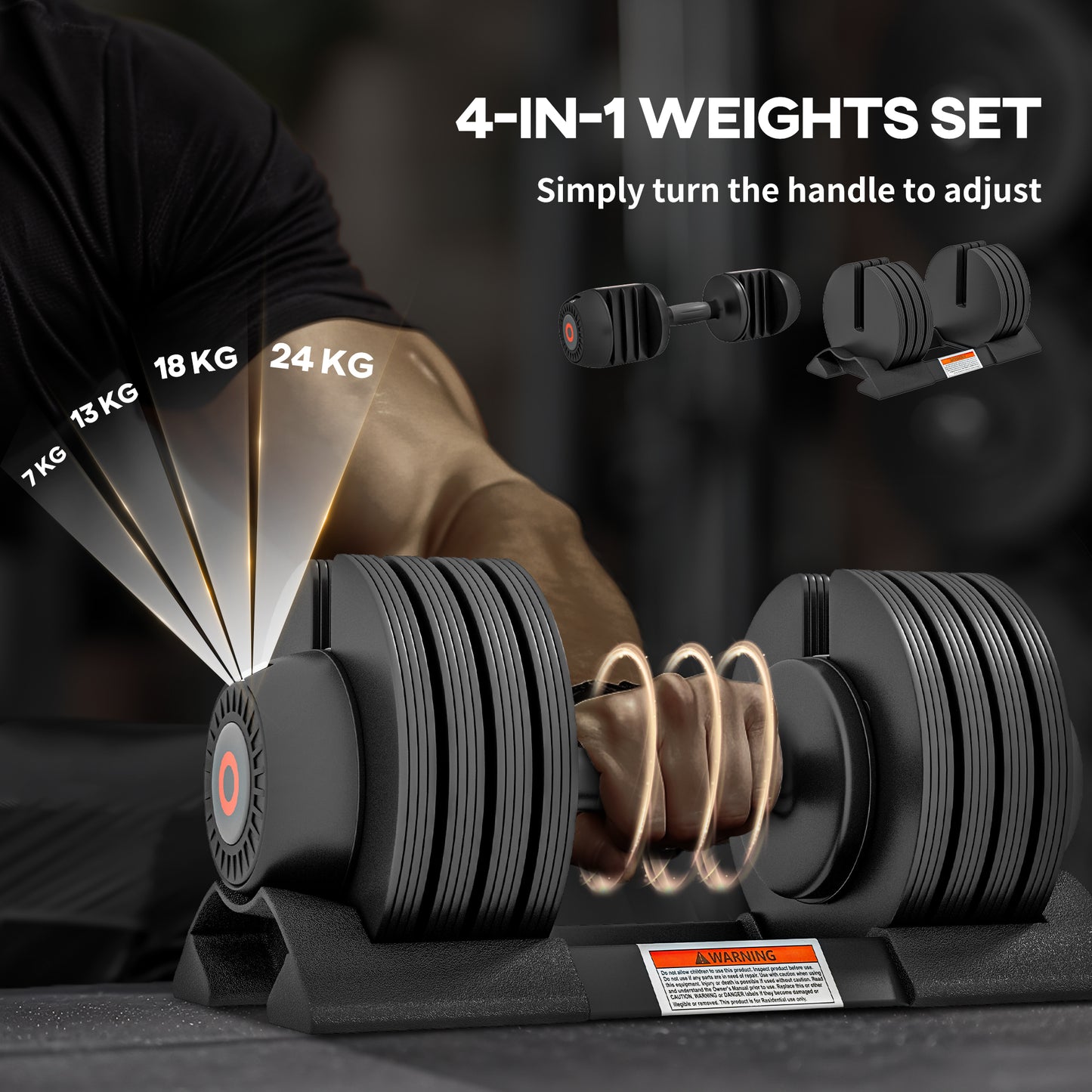 2 x 24KG Adjustable Dumbbells Set, 4-in-1 Weights Set with Storage Tray