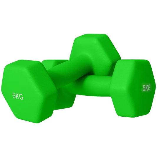 2 x 5kg Hexagonal Dumbbells Weights Set with Non-Slip Grip, Green