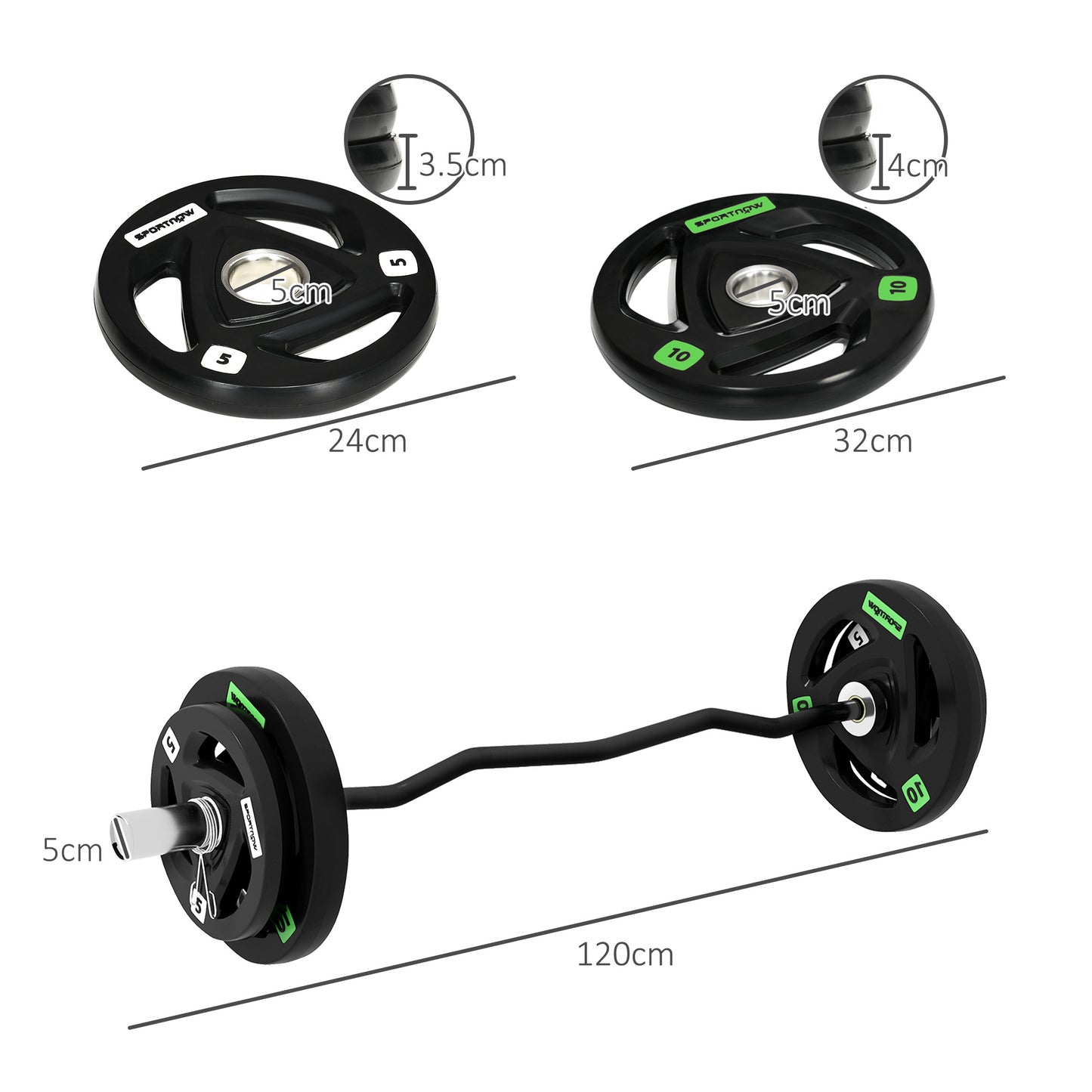 Olympic EZ Curl Bar with 30kg Weight Plates, Barbell Bar for 5cm Weight Plates with Spring Clips