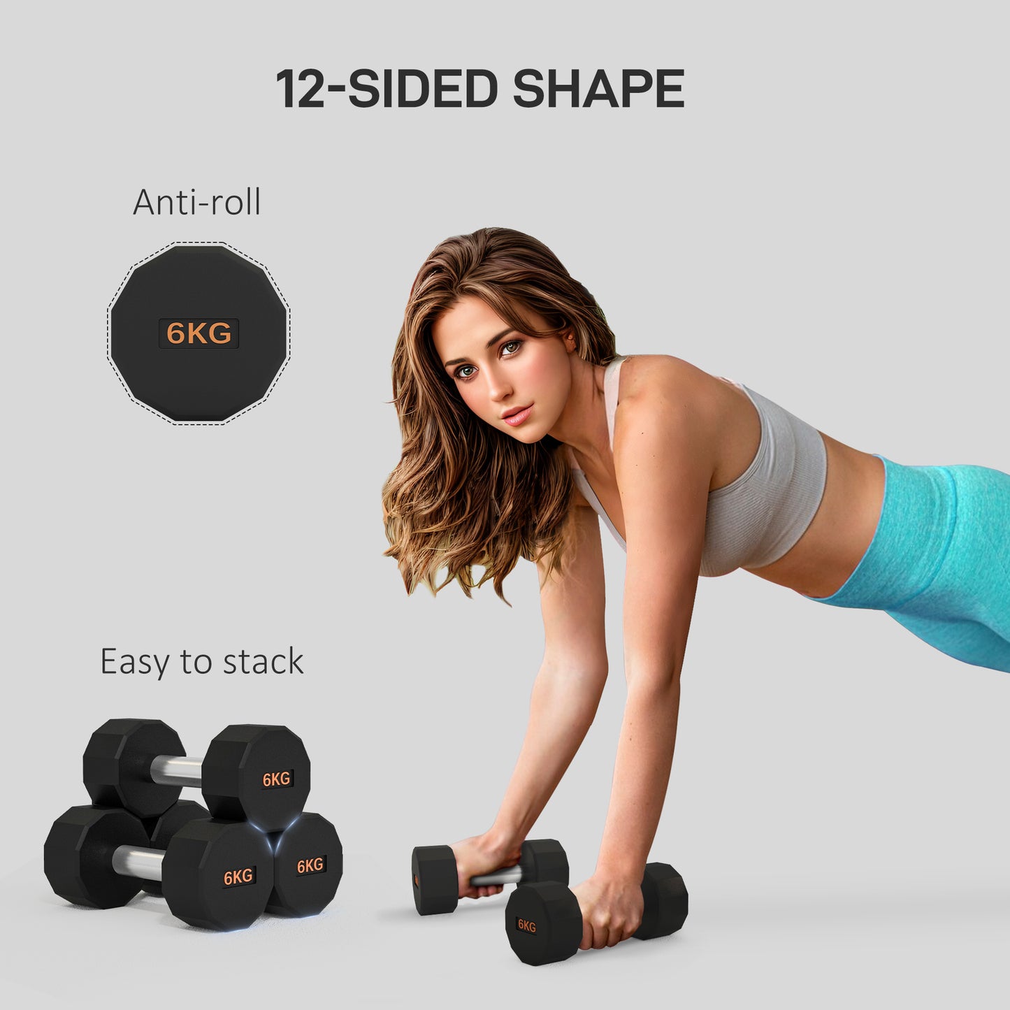 2 x 6kg Dumbbells Weights Set with 12-Sided Shape and Non-Slip Grip