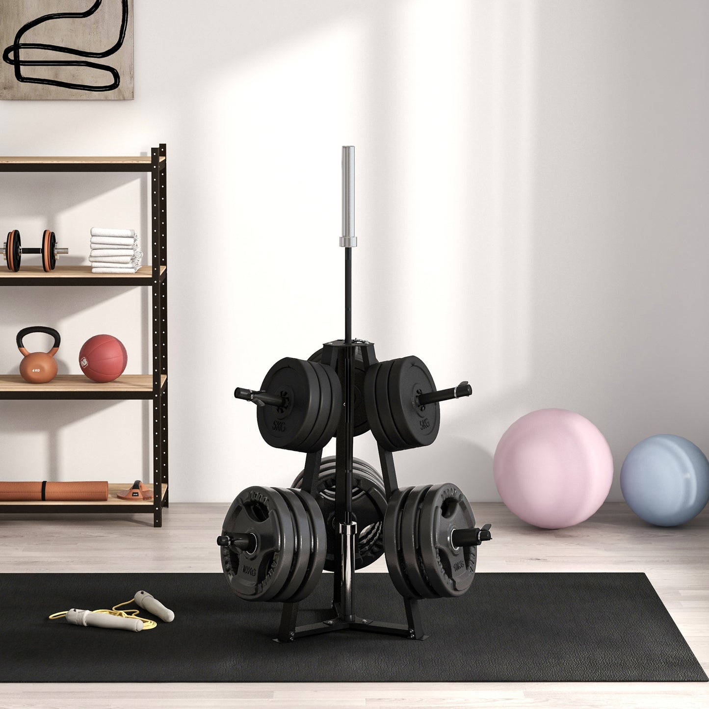 Weight Tree Rack: for 5cm Weight Plates and Barbell Bar with 6 Fasten Clamps, 300kg Capacity
